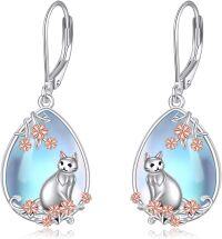 wholesale 925 Sterling Silver Teardrop Moonstone Cat & Flower Drop Earrings-Cat Earrings