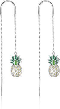 wholesale 925 Sterling Silver Pineapple Drop Dangle Earrings with Green Enamel and Yellow CZ Stones - Fashionable Gift for Women & Teenage Girls-Silver pineapple threader earrings