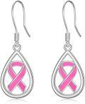 wholesale 925 Sterling Silver Teardrop Pink Ribbon Breast Cancer Awareness Drop Earrings-0-0