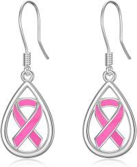 wholesale 925 Sterling Silver Teardrop Pink Ribbon Breast Cancer Awareness Drop Earrings-style 2