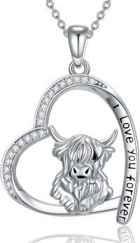 wholesale 925 Sterling Silver Highland Cow Heart Pendant Necklace with Cubic Zirconia Gifts for Women Animal Lovers-Highland Cow