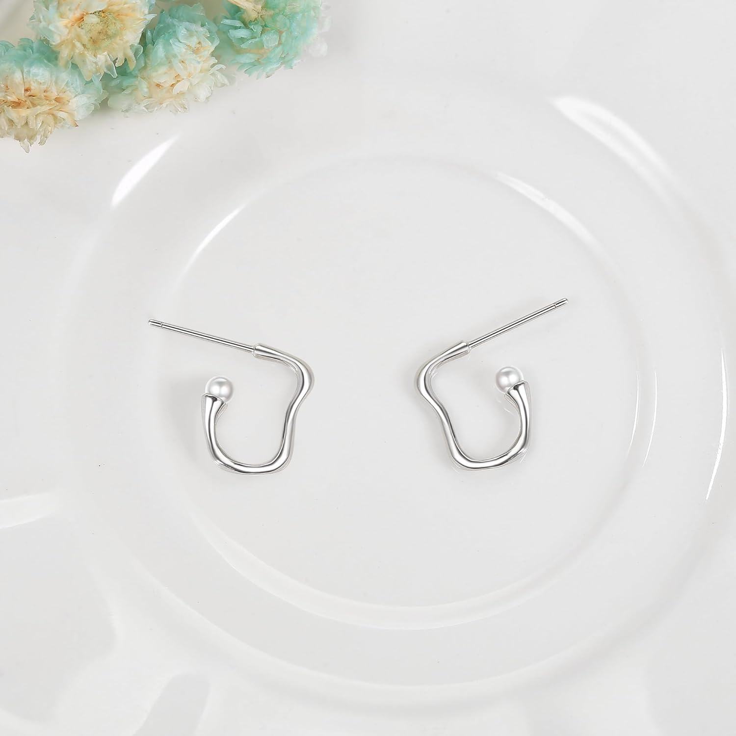 wholesale 925 Sterling Silver Geometric Pearl Studs Hoop Earrings Minimalist  for Women Girls-0-4