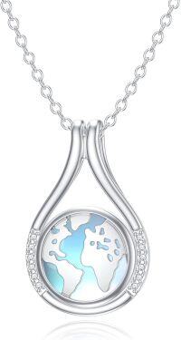 wholesale Sterling Silver Earth Necklace with World Map Pendant Travel Jewelry Gift for Women-04-Moonstone Earth Necklace