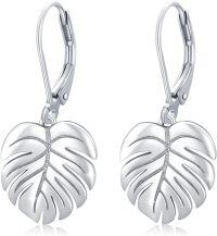 wholesale 925 Sterling Silver Monstera Leaf Palm Frond Dangle Earrings for Women and Girls - Trendy Fashion Jewelry-White Gold