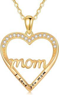 wholesale 14K Solid Gold & Moissanite Heart Necklace for Mom - I Love You Mom Pendant, 17mm, 16 Rolo Chain, Mother's Day Gift for Women-A-Mom Heart