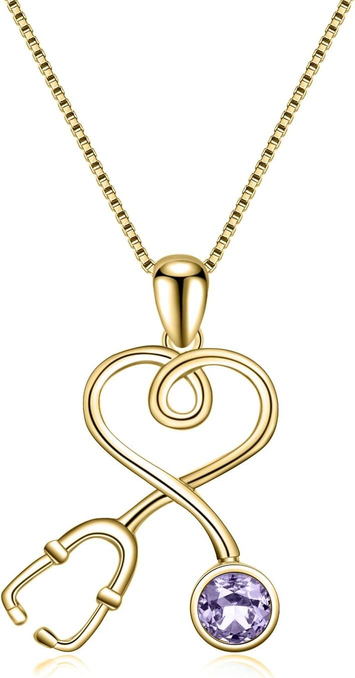 wholesale 925 Sterling Silver Plated Gold Infinity Heart Stethoscope Pendant Necklace with Cubic Zirconia Accent for Nurses Doctors Gifts-Violet Purple