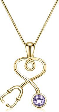 wholesale 14k Gold Plated Sterling Silver Birthstone Crystal Stethoscope Necklace-Violet Purple