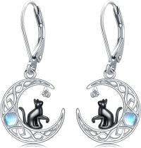 wholesale 925 Sterling Silver Moonstone Earrings with Black Cat and Butterfly Design - Nature Inspired Jewelry for Women-Black Cat-2