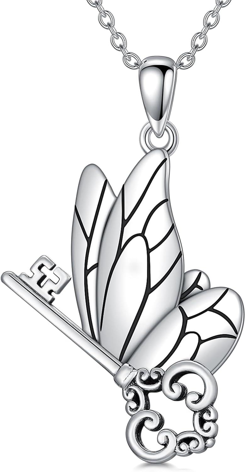 Sterling Silver Key Pendant Necklace with Butterfly Skull Saturn for Women Men-Butterfly