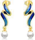 wholesale Gold-Plated 925 Sterling Silver Blue Enamel Snake Pearl Dangle Stud Earrings for Women-0-0
