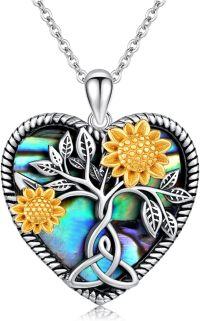 wholesale 925 Sterling Silver Heart-Shaped Tree of Life Pendant Necklace with Abalone Shell and Gold Plated Sunflowers-M-Heart Abalone