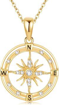 wholesale 14K Gold Moissanite Compass Necklace for Women, Adjustable 16+2 Inspirational Travel Jewelry Gift, Hypoallergenic Real Gold Pendant-Yellow Gold