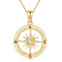 wholesale 14k Gold Compass Pendant Necklace With Lab Diamond Accents And Directional Markers-Yellow Gold