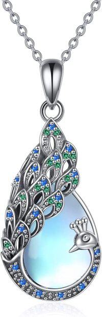 wholesale 925 Sterling Silver Moonstone Peacock Feather Pendant Necklace for Women-Moonstone