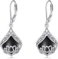 wholesale Sterling Silver Lotus Earrings with Moonstone Amber Onyx Lapis Larimar Rose Quartz Moss Agate-Lotus Black Onyx Earrings