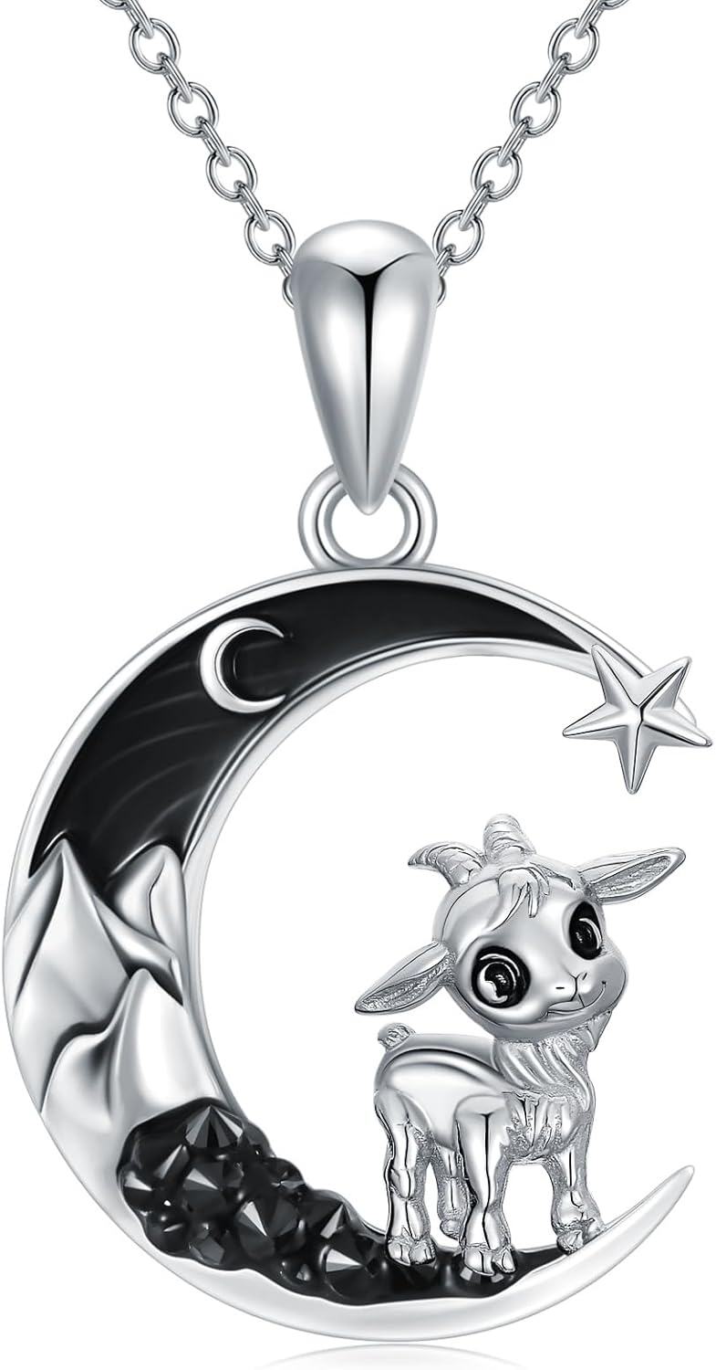 925 Sterling Silver Crescent Moon Goat Star Pendant Necklace-0-0