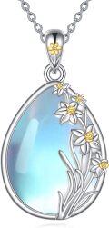 wholesale 925 Sterling Silver Moonstone Teardrop Pendant Necklace with Daffodil Flower Design for Women-0-0