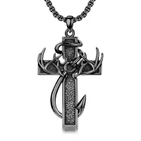 wholesale 925 Sterling Silver Black Enamel Deer Antlers Cross Pendant Necklace with Stainless steel chain for Men -2-04-Black