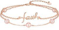 wholesale 925 Sterling Silver Plated Rose Gold Metal Pink Freshwater Pearl Faith Cross Charm Bracelet for Women - Dainty Double Chain Christian -Layered Faith-Rose Gold