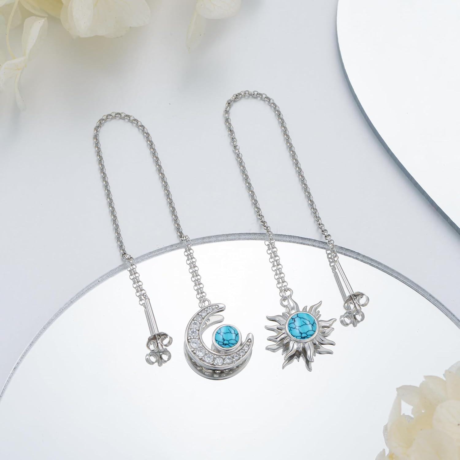 925 Sterling Silver Turquoise Sun & Moon Threader Dangle Earrings-0-3