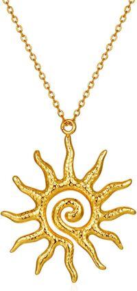 wholesale 925 Sterling Silver Plated Gold Spiral Sun Pendant Necklace Retro Texture Round  for Women-undefined