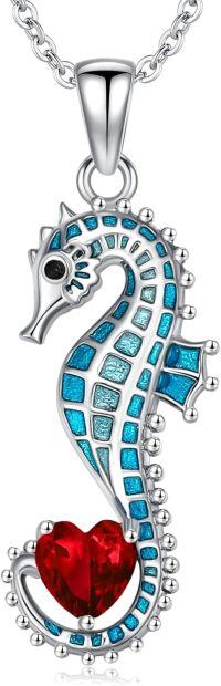 wholesale 925 Sterling Silver Birthstone Blue Seahorse Heart Pendant Necklace-January