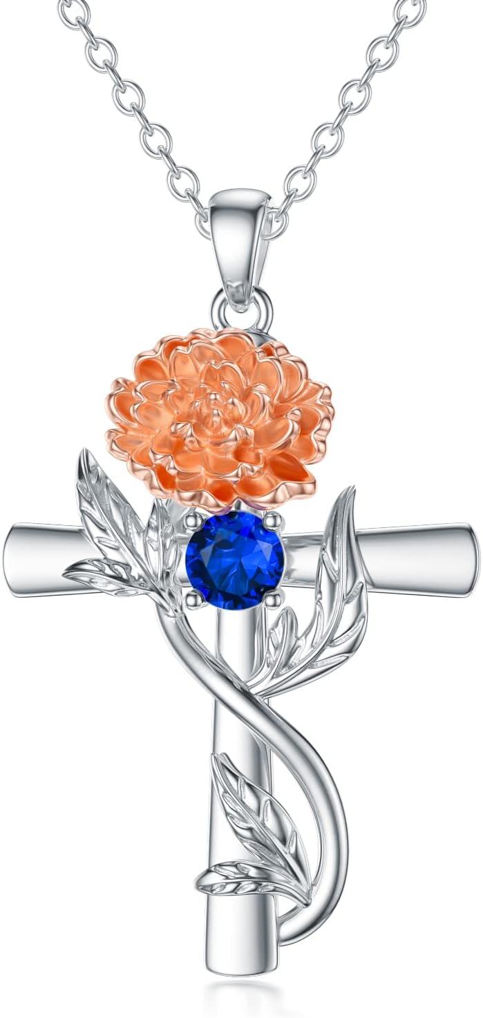 Sterling Silver 12 Birthstone Flower Pendant Necklace for Women-9-September-Peony