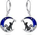wholesale 925 Sterling Silver Crescent Moon & Black Cat Starry Night Dangle Earrings-0-0