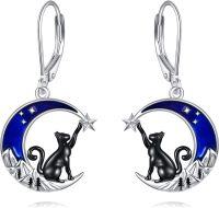 wholesale 925 Sterling Silver Crescent Moon & Black Cat Starry Night Dangle Earrings-Blue Moon Cat Earrings