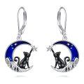 wholesale 925 Sterling Silver Crescent Moon & Black Cat Starry Night Dangle Earrings-0-0