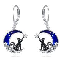wholesale 925 Sterling Silver Crescent Moon & Black Cat Starry Night Dangle Earrings-Blue Moon Cat Earrings