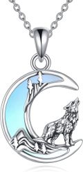 wholesale 925 Sterling Silver 925 Wolf Howling at the Moon Pendant Necklace with Blue Opal Stone for Women-0-0