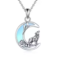 wholesale 925 Sterling Silver 925 Wolf Howling at the Moon Pendant Necklaces Wholesale with Blue Opal Stone for Women-Wolf