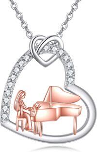 wholesale 925 Sterling Silver Musical Grand Piano in Heart Shape with Cubic Zirconia Pendant Necklace for Women-Piano
