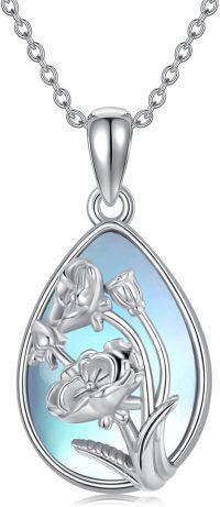 wholesale 925 Sterling Silver Teardrop Blue Mother of Pearl Rose Floral Pendant Necklace Gifts for Women-10.October - Marigold