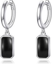 wholesale Sterling Silver Moonstone Peridot Black Onyx Rose Quartz Lapis Lazuli Square Dangle Hoop Earrings-Black Onyx