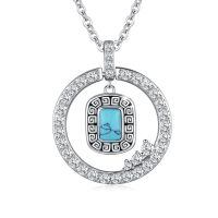 wholesale 925 Sterling Silver Turquoise Circle Pendant Necklace With Cubic Zirconia Greek Key Design-H01-Square Turquoise