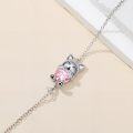 wholesale 925 Sterling Silver Pink Tourmaline Cat Bracelet, 18mm Cute Delicate Kitten Charm Jewelry Gift for Women Girls-0-2