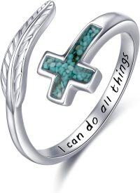 wholesale 925 Sterling Silver Turquoise Moss Agate Feather Adjustable Western Thumb Ring Vintage Jewelry Gift-I can do all things-Turquoise