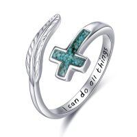 wholesale 925 Sterling Silver Turquoise Moss Agate Feather Adjustable Western Thumb Ring Vintage Jewelry Gift-I can do all things-Turquoise