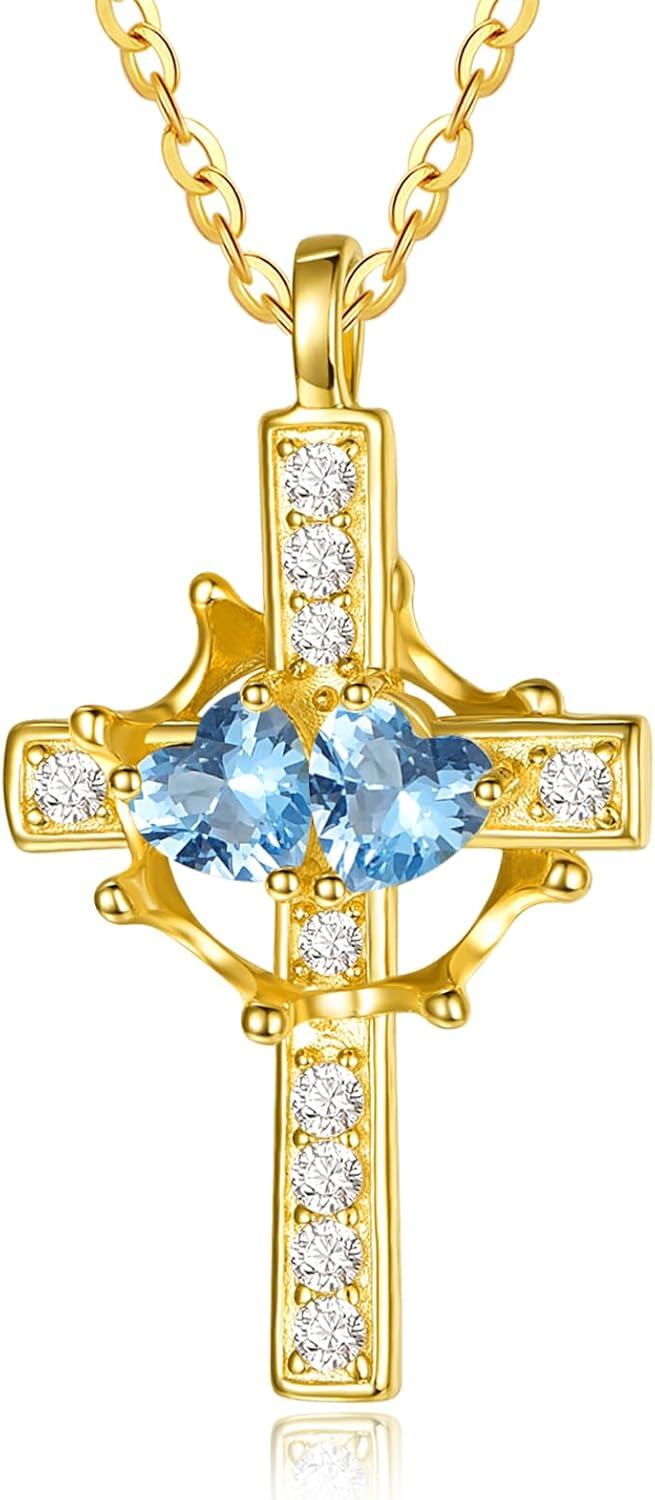 Sterling Silver Birthstones Gold Cross Necklace for Women -12-12-Dec-Dec-12-12-Dec-Dec