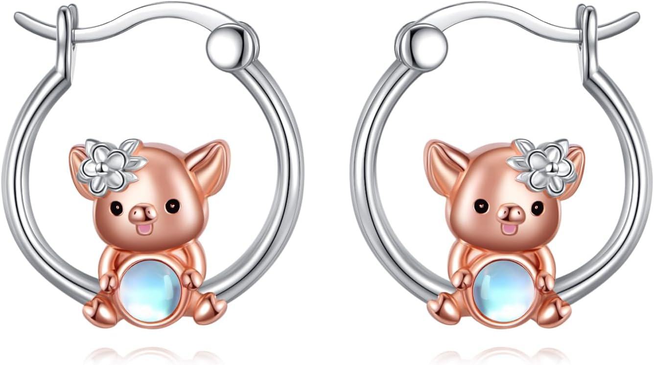 925 Sterling Silver Piglet Moonstone Hoop Earrings for Women-0-0