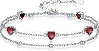 wholesale 925 Sterling Silver & 5A Cubic Zirconia Heart Charm Bracelet - January Birthstone, Elegant Double Strand Design for Women-01-Jan.-Garnet