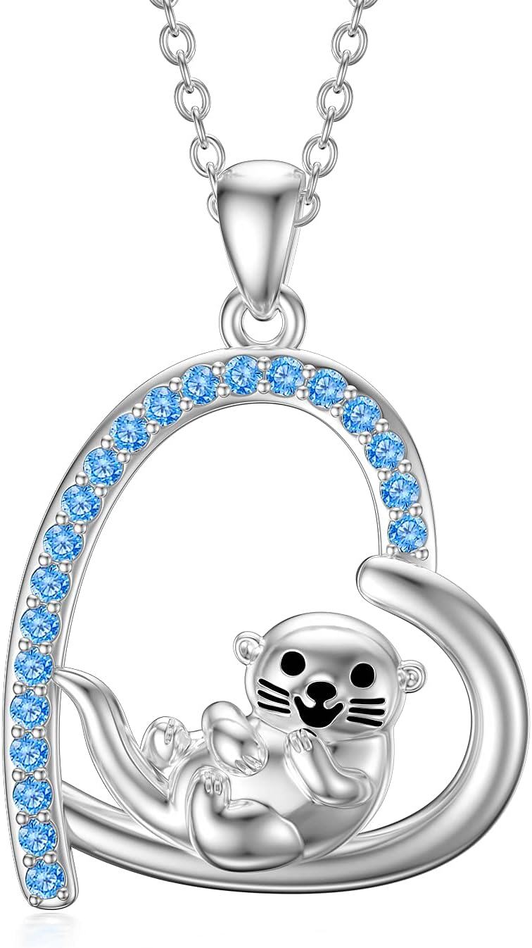 Sterling Silver Stone Animal Necklace Leopard Lion Otter Pendant for Women Friends Mother s Day Gifts-03-Otter