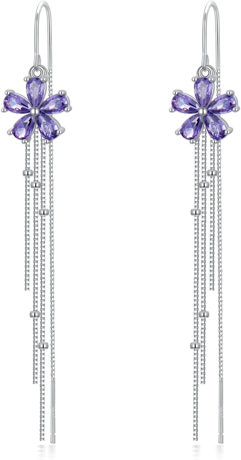 925 Sterling Silver Cubic Zirconia Drop Earrings w/Flower & Butterfly Charm-0-0