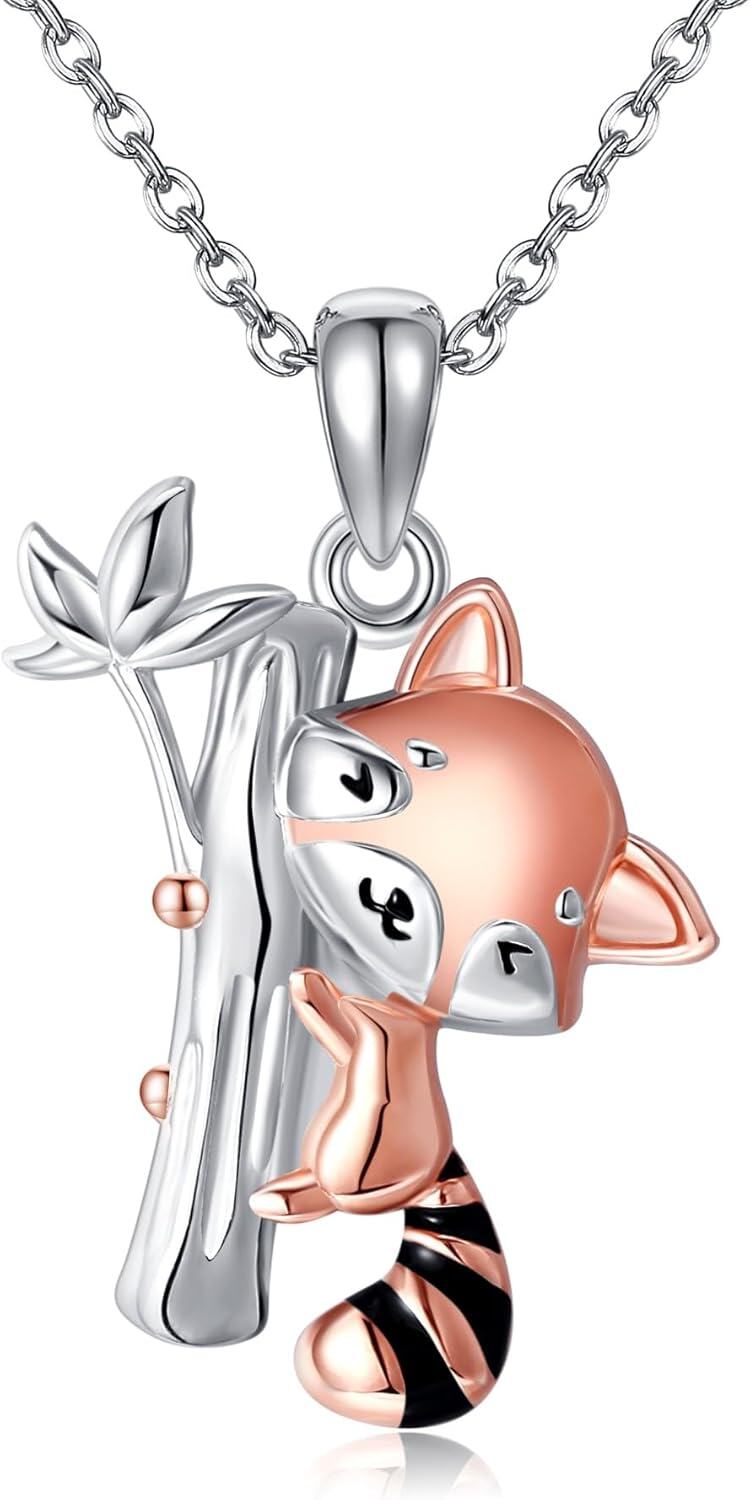 Sterling Silver Animal Pendant Necklace Raccoon Squirrel Hummingbird Hedgehog Elephant Women s Jewelry Gift-Red Panda