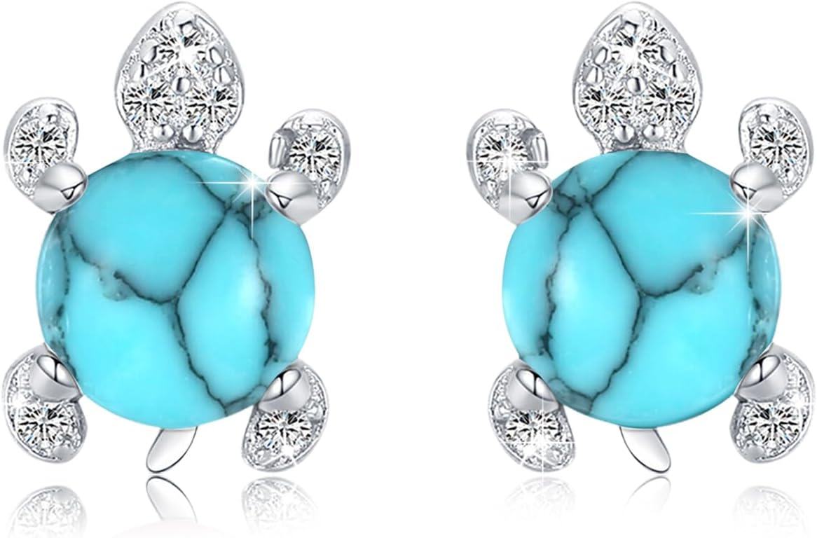 Sterling Silver Moonstone Sea Turtle Stud Earrings Hypoallergenic Ocean Jewelry-E-Turquoise Turtle Earrings