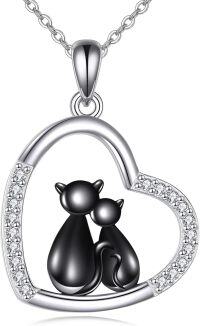 wholesale 925 Sterling Silver Black Cats in Heart Shape Pendant Necklace for Women-Cat