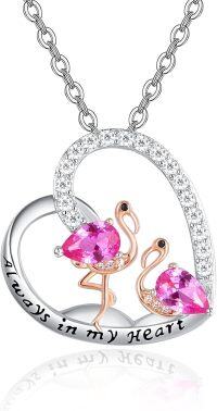 wholesale 925 Sterling Silver Pink Crystal Flamingo & Heart Pendant Necklace for Women's Gifts-Always in My Heart