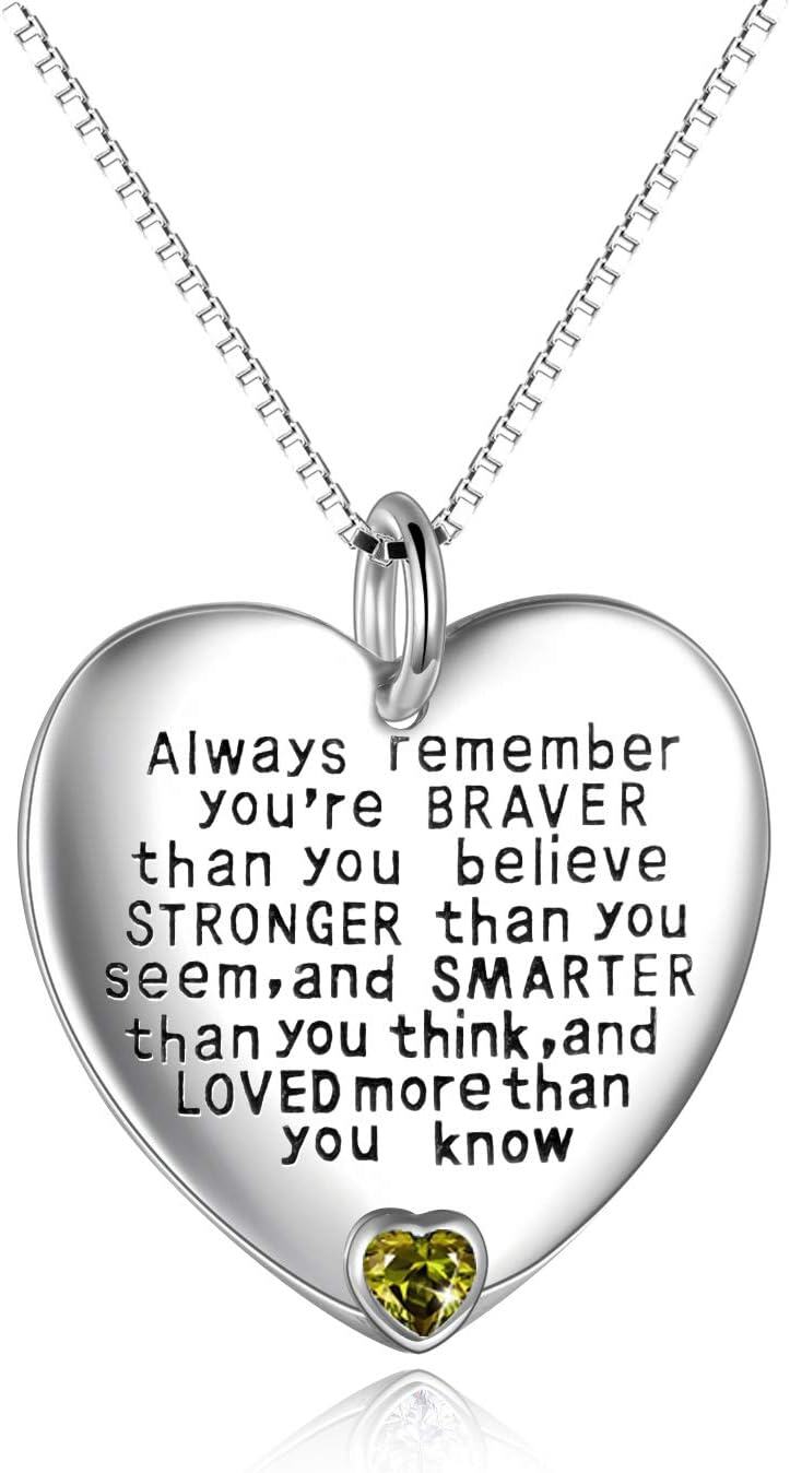 925 Sterling Silver Heart-Shaped Pendant Necklace with Peridot Gemstone - Always Remember You're Braver Than You Believe Inspirational Jewelry for Women Girls-0-0